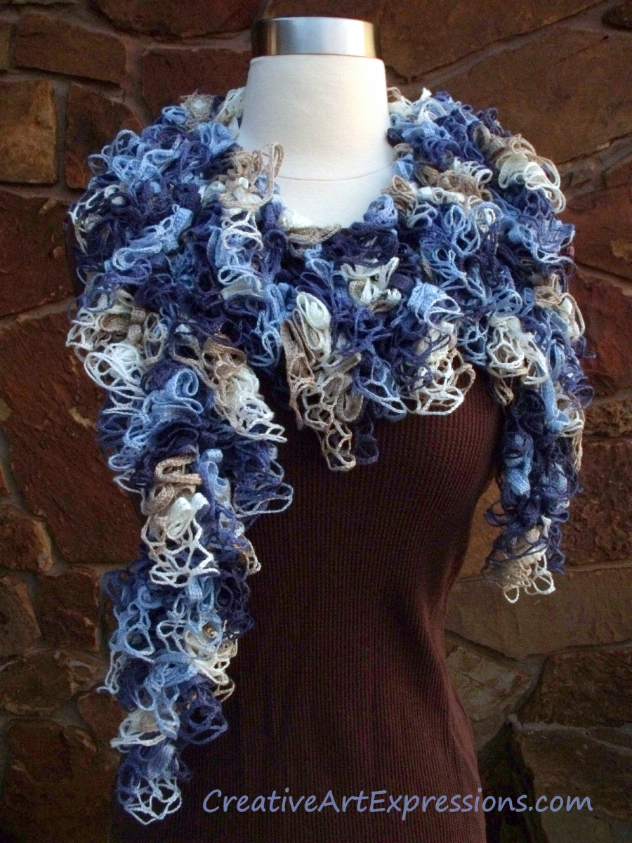 Creative Art Expressions Hand Crocheted Shades of Blue Grand Picots Scarf